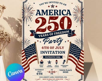 America 250 Party Invite, 4th of July Invitation, Patriotic BBQ, 250 Years of Freedom Celebration, Editable Canva Template