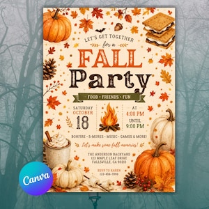 May include: A fall party invitation flyer featuring orange pumpkins, a s'more, a pinecone, a mug of hot cocoa, and a bonfire illustration. The text reads: Let's get together for a Fall Party, Saturday October 18, at 4:00 PM until 9:00 PM.
