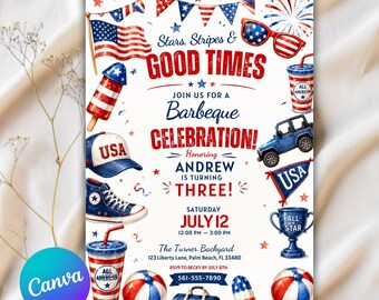 4th of July Invitation   3rd Birthday Invitation Printable Boy, Patriotic Birthday, 4th of July Birthday, 250th Anniversary, All American