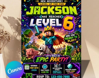 Mine Gaming Chicken Jockey Birthday Invitation, Personalized Pixel Craft Invitation (Digital Download)