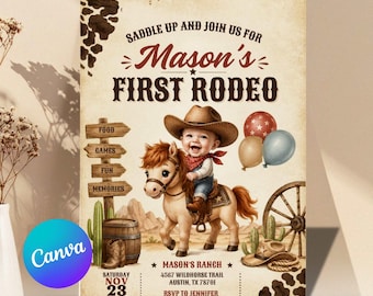 Editable Cowboy First 1st Birthday Invitation Template, First Rodeo Birthday Invite, Wild West Invitation Printable Digital Download