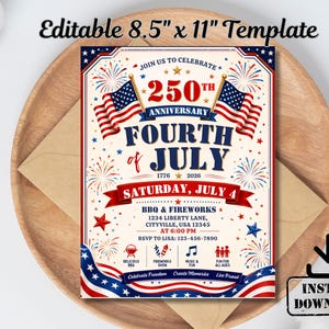 Convite para Festa do Dia da Independência (1776-2026), Convite para o 250º Aniversário dos EUA, Modelo de Convite para Churrasco de 4 de Julho no Canva para Download Instantâneo (EUA)