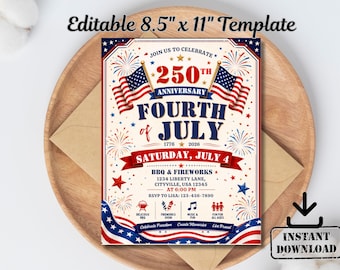 Independence Day 1776-2026 Party Flyer Invite, America 250th Anniversary Invitation, 4th of July BBQ Canva Template Instant Download USA