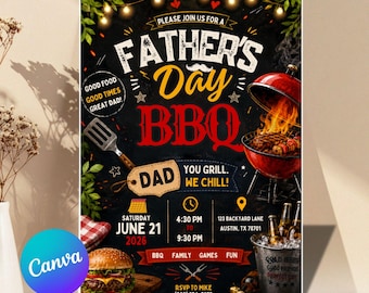 Father’s Day BBQ Invitation Canva Template, Editable Grill and Chill Party Invite, Backyard Cookout Digital Download for Dad