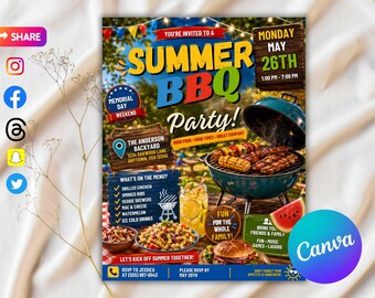Summer BBQ Party Flyer, Memorial Day, Party Cookout Flyer Template, Backyard Cookout Party Flyer, DIY Cookout Invitation, Canva Editable