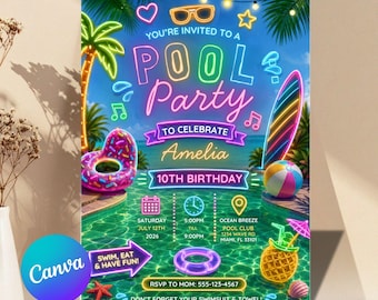 Glow Pool Party Invitation Template, Neon Swim Birthday Invite, Summer Splash Party Invitation, Editable Canva Download