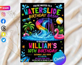 Waterslide Birthday Invitation, Water Slide Invitation, Boy Girl Splash Party Invite, BLUE Water Slide Bash invitation, Canva Editable