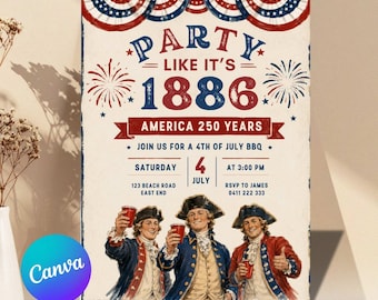 Party Like 1776  Invitation, Independence Day BBQ Party Invite, America 250 Celebration Template, Editable Canva Download