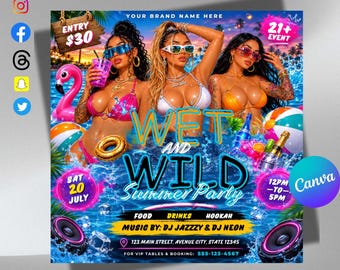 Pool Party Invite Flyer, Wet And Wild Summer Party Flyer, Dj Party Invitation, Club Flyer, Event Flyer, Urban Party Flyer, Editable Canva
