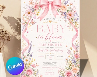Baby in Bloom Baby Shower Invite, Wildflower Party Template, Girl Baby Shower Card, Pink Bow Invitation, Spring Flowers Baby Shower Invite
