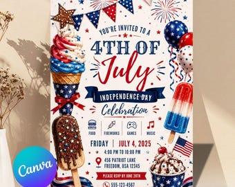 4th of July Invitation Template, USA Independence Day Invitation, Summer Party Invitation, Editable Canva BBQ Invite,