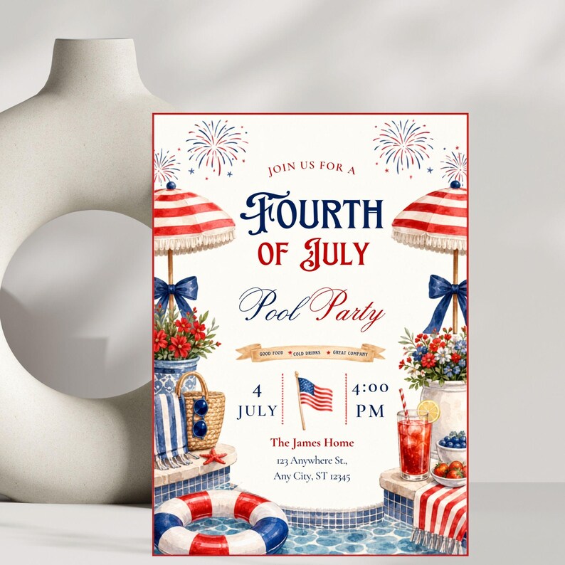 4th of July Pool Party Invitation Template, Red White and Pool Invite ...