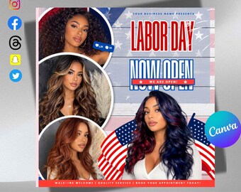 Labor Day Now Open Flyer Canva Template for Beauty Business, Social Media Marketing, American Patriotic Pride Graphic Digital Download