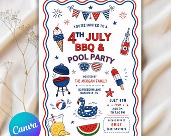 4th of July BBQ & Pool Party Invitation Template, Editable Memorial Day Party Invite