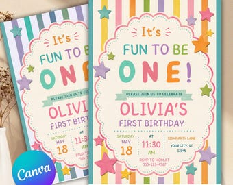 Fun to Be One Birthday Invitation, One is Fun Party Hat Birthday Party, Colorful Boy First Birthday Invite, Custom Photo 1st Birthday Invite