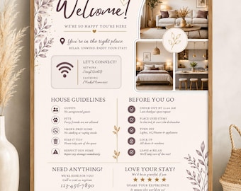Airbnb Welcome Sign Template| Welcome Sign for Airbnb Hosts |Vacation Rental Printable | Guest Arrival Poster | VRBO, House Rules, WIFI Sign