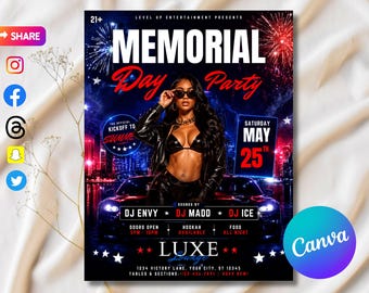 Flyer för Memorial Day-fest, reklamflyer för nattklubb, redigerbar Canva-mall