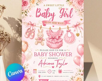 Pink Baby Clothes Sweet Baby Girl Invitation, Pink Floral Clothesline Invite, A Sweet Baby Girl is on Her Way Baby Shower, Editable Canva
