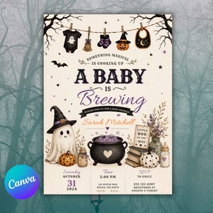 May include: A Halloween-themed baby shower invitation featuring a clothesline with baby items, a ghost in a witch hat, a black cauldron, books, and pumpkins. Text includes: Something magical is cooking up, A baby is brewing, Sarah Mitchell, Little Boo on the way, Saturday October 31 2024, 2:00 PM, 123 Witch Way, Salem, MA 01970, RSVP to Emily 555-123-4567.
