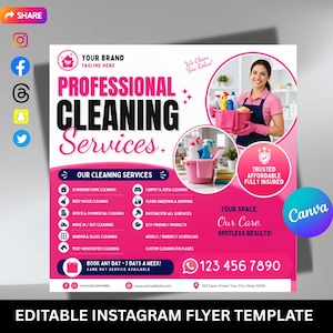 May include: A pink and white flyer promoting professional cleaning services. The flyer includes a list of services, a phone number, and a photo of a woman holding cleaning supplies. The text reads "Professional Cleaning Services."