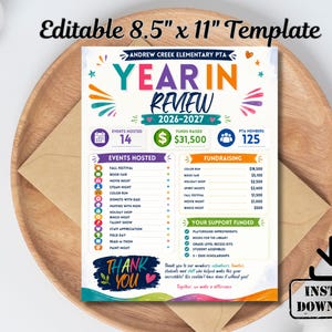 May include: An editable 21.6 cm by 27.9 cm Year in Review 2026-2027 template for Andrew Creek Elementary PTA. The document features colourful text, icons, and sections for events hosted, funds raised, and a thank you message for members and volunteers.