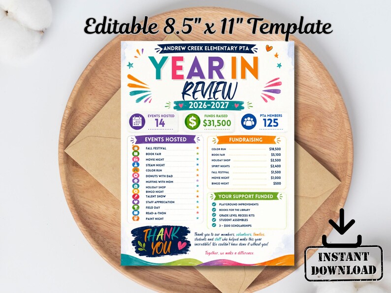 May include: An editable 21.6 cm by 27.9 cm Year in Review 2026-2027 template for Andrew Creek Elementary PTA. The document features colourful text, icons, and sections for events hosted, funds raised, and a thank you message for members and volunteers.