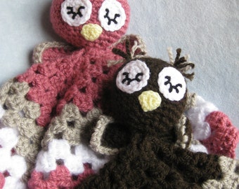Crochet Owl Security Blanket Lovey *Pattern* Pink or Brown Sleepy Owl Baby Infant Granny Square Blankie