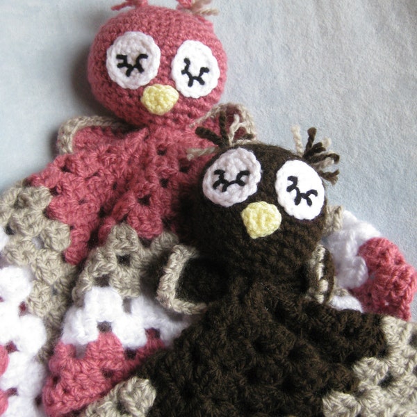 Crochet Owl Security Blanket Lovey *Pattern* Pink or Brown Sleepy Owl Baby Infant Granny Square Blankie