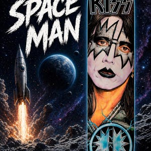 May include: A skateboard with a space-themed design, including a rocket, planets, and the words "SPACE MAN." The board features a portrait of a person with face paint and the band name "KISS."