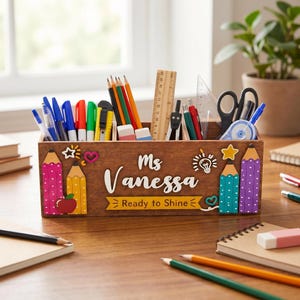 Gepersonaliseerde naam pennenhouder cartoon potlood organizer houten pennen opbergdoos voor leraar cadeau