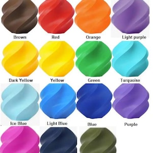 May include: A collection of eighteen spherical beads with a twisted, spiral design, each displayed in a different solid color including black, gray, white, pink, brown, red, orange, light purple, dark yellow, yellow, green, turquoise, ice blue, light blue, blue, purple, magenta, navy blue, and army green.