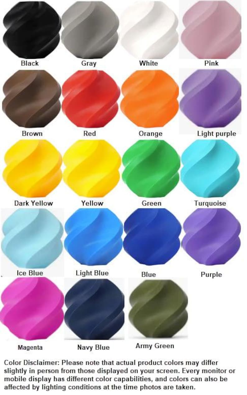 May include: A collection of eighteen spherical beads with a twisted, spiral design, each displayed in a different solid color including black, gray, white, pink, brown, red, orange, light purple, dark yellow, yellow, green, turquoise, ice blue, light blue, blue, purple, magenta, navy blue, and army green.