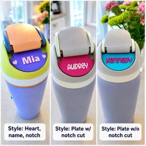 May include: Three insulated tumblers with flip-top lids. The first is lime green and purple with a peach lid and a purple nameplate reading Mia with two hearts. The second is gray with a pink nameplate reading Audrey. The third is gray with a blue nameplate reading Kennedy.