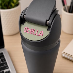 May include: A dark gray insulated tumbler with a hinged lid featuring a sage green circular insert. The name Stella is embossed in pink lettering on the green insert. The tumbler has a tapered body and a matte finish, showing a functional design.