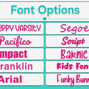 May include: A chart titled Font Options featuring ten distinct text styles in bright pink. The list includes Preppy Varsity, Pacifico, Impact, Franklin, Arial, Segoe, Script, Baknie, Kids Font, and Funky Bunni, all displayed on white rectangular labels.
