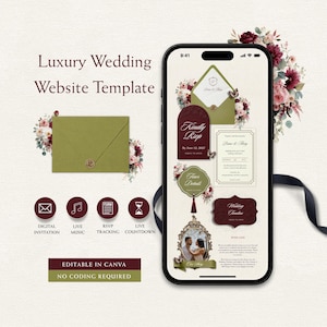 Pode incluir: Um smartphone exibindo um modelo de site de casamento de luxo com detalhes florais em bordô e verde-oliva. A tela mostra convites digitais, cartões RSVP e uma moldura de foto. Texto: Luxury Wedding Website Template e Editable in Canva.