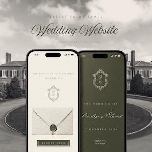 May include: Two smartphones displaying a wedding website design. The left phone shows an invitation with an envelope and seal. The right phone displays wedding details. Text includes "Ellery Saint James" and "Wedding Website".