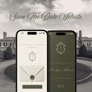 May include: Two smartphones displaying a wedding invitation website. The left phone shows an envelope with a wax seal, and the text "Kindly Open." The right phone displays the wedding details, including the date, location, and names.
