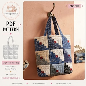Log Cabin Tote Bag Sewing Pattern PDF | Patchwork Quilted Bag Tutorial | Scrap Fabric Tote - | Market Bag Template | Instant Download