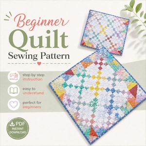 May include: A sewing pattern titled Beginner Quilt Sewing Pattern featuring two square quilts with colorful patchwork designs in shades of yellow, blue, red, and green on a white background, including icons for step-by-step instructions and a PDF download.