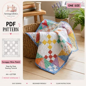 Scrappy Nine Patch Quilt Pattern PDF | Beginner Quilt Sewing Pattern | 27.5" Patchwork Baby Quilt | Instant Download