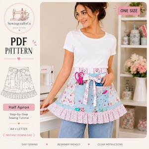 Patrón de costura de delantal corto con retazos florales / Instrucciones en PDF para bolsillo con volantes de estilo retro