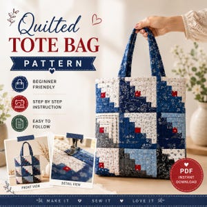 Può includere: Un cartamodello per borsa tote trapuntata con design log cabin in tessuti blu navy, bianco e grigio con piccoli accenti rossi. L'immagine include il testo Quilted Tote Bag Pattern, Beginner Friendly, Step by Step Instruction e PDF.