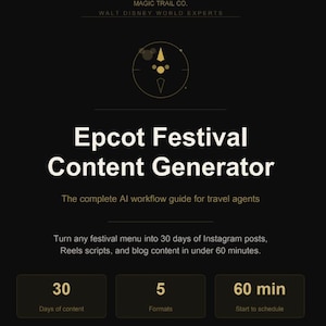 May include: A dark background with the text "Epcot Festival Content Generator" and "The complete AI workflow guide for travel agents." Below are three boxes with the numbers 30, 5, and 60 min. The top of the image reads "MAGIC TRAIL CO. WALT DISNEY WORLD EXPERTS."