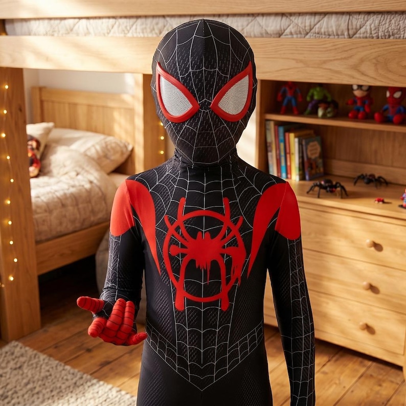 Puede incluir: Un disfraz de Spider-Man negro y rojo con un dise&ntilde;o de telara&ntilde;a, detalles rojos y un gran emblema de ara&ntilde;a en el pecho. La m&aacute;scara tiene lentes blancas con borde rojo. El disfraz lo lleva una persona.