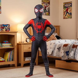 Puede incluir: Un disfraz de Spider-Man negro y rojo con un dise&ntilde;o de telara&ntilde;a. El traje completo incluye una m&aacute;scara, guantes rojos y suelas rojas. Un gran emblema de ara&ntilde;a roja est&aacute; en el pecho. El disfraz lo lleva una persona.