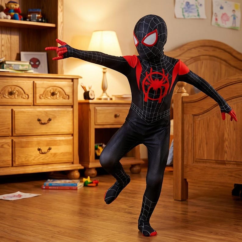 Puede incluir: Un disfraz de Spider-Man negro y rojo con un patr&oacute;n de telara&ntilde;a, detalles rojos y un emblema de ara&ntilde;a en el pecho. El traje de cuerpo completo incluye una m&aacute;scara con detalles de ojos blancos y guantes y suelas rojas. El disfraz es para ni&ntilde;os.