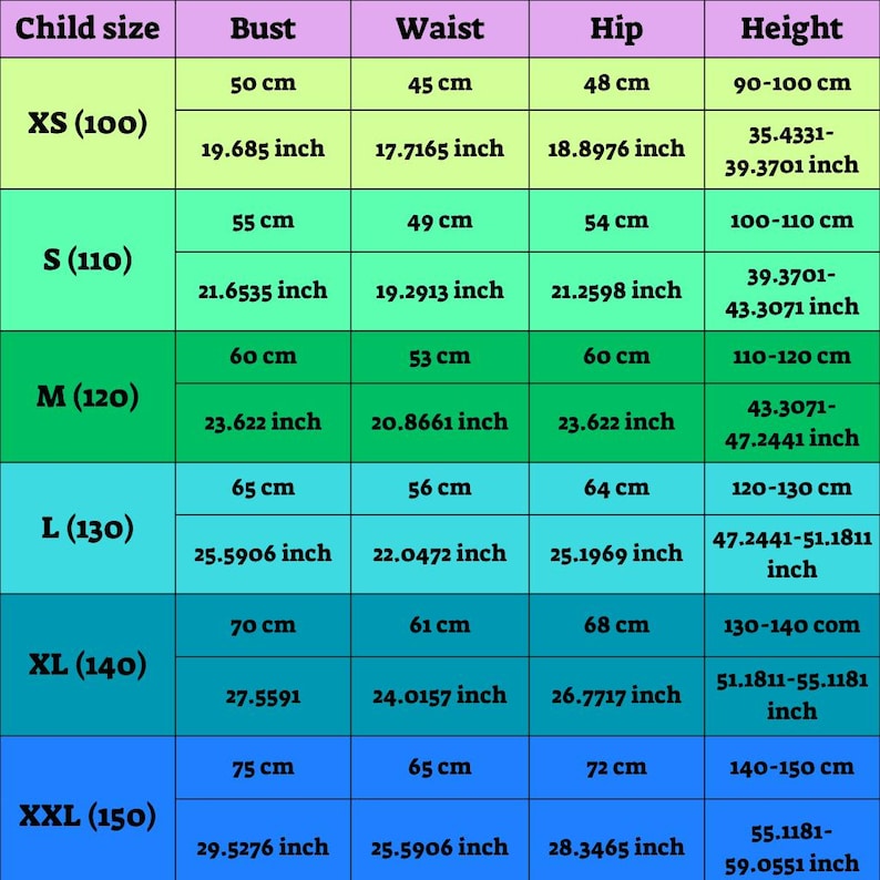 Puede incluir: Una tabla de tallas de ropa infantil, con medidas en cent&iacute;metros y pulgadas. La tabla incluye tallas XS (100) a XXL (150), con medidas de busto, cintura, cadera y altura para cada talla. La tabla est&aacute; codificada por colores.