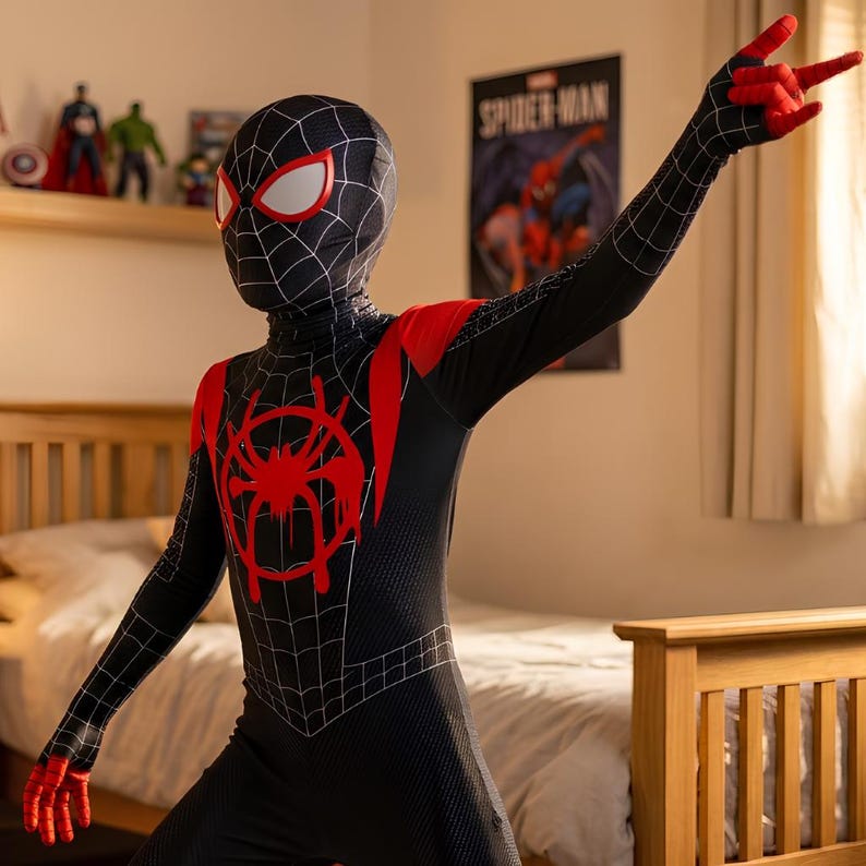 Puede incluir: Un disfraz de Spider-Man negro y rojo con una cobertura completa de la cabeza. El disfraz presenta un dise&ntilde;o de telara&ntilde;a y un gran emblema de ara&ntilde;a roja en el pecho. Los guantes y los marcos de los ojos de la m&aacute;scara son rojos.