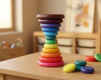 Juego de 12 piedras apilables arcoíris / Guijarros de madera para equilibrar / Juguete Montessori de juego libre para la creatividad y la imaginación / De Epicboy Toys
